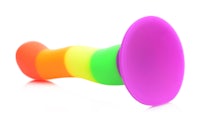 a rainbow colored sex toy on a white surface