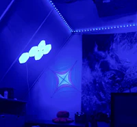 a room with a blue ceiling