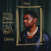 a man in a leather jacket is standing in front of a frame with the words'just money'