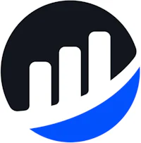 a blue and black logo with a bar graph