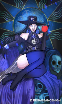 an image of a witch sitting on a skeleton