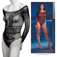 a mannequin with a fishnet bodysuit and a mannequin with a fishnet bodysuit