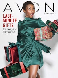 a woman holding presents on the cover of avon magazine