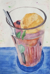 a watercolor painting of an ice cream in a cup