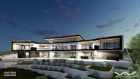 a 3d rendering of a modern house at night