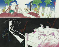 a cartoon of a dog laying on a bed