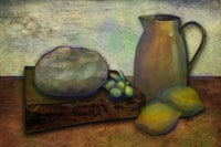 a painting of a pitcher and lemons on a table