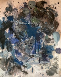 an abstract painting with blue and black paint splatters