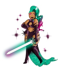 a woman holding a sword in her hands
