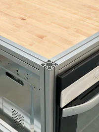 a kitchen with an oven and a microwave