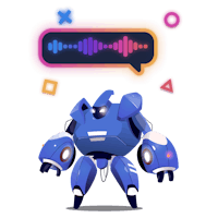 a blue robot with a speech bubble next to it