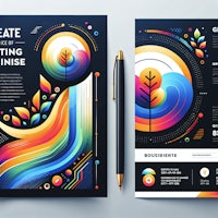 a colorful flyer design with a pen and pencil