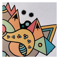 a colorful drawing of a mountain with colorful shapes