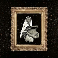 a framed picture of a woman with a basket in front of a starry background