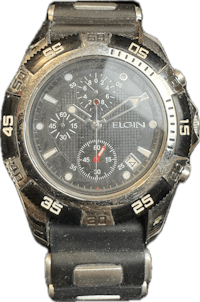 a men's watch with a black dial