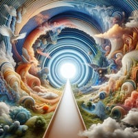 a 3d image of a tunnel leading into a cloudy sky