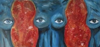 a painting of three eyes on a blue background