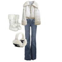 a white jacket, jeans, boots and ear muffs