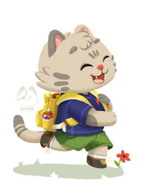 a cartoon cat with a backpack and flowers