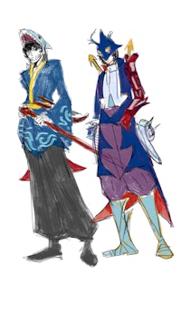 two anime characters standing next to each other