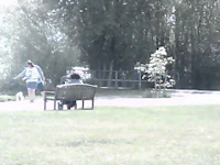 a woman and her dog are playing frisbee in a park
