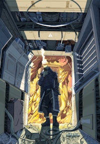 an illustration of a man standing in a room with fire