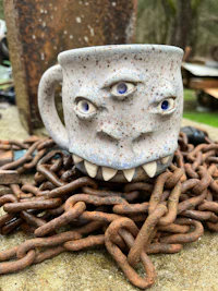 a ceramic mug with a chain around it