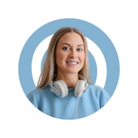 a woman wearing headphones in a blue circle