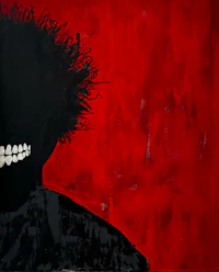 a painting of a man with black hair and a red background