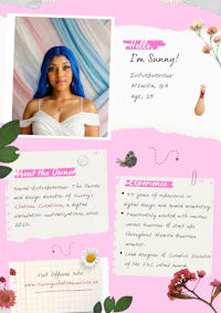 a photo of a girl with blue hair and flowers on a pink background