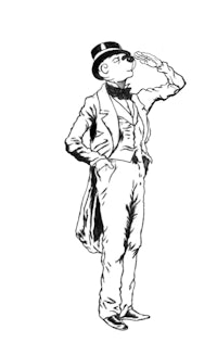 a black and white drawing of a man in a top hat