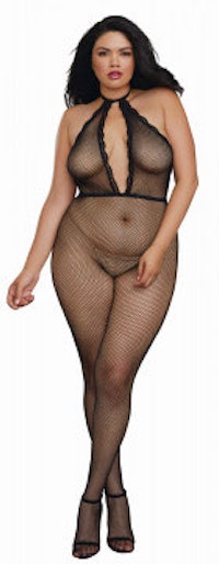 a woman in a black fishnet bodystocking