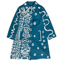 a blue coat with drawings on it