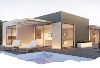a 3d rendering of a modern house with a swimming pool