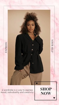 a woman wearing a black jacket and tan pants