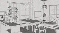 a black and white drawing of a living room