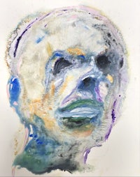 a painting of a man's face with blue and purple paint