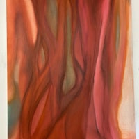 a painting of a red, orange, and blue tree