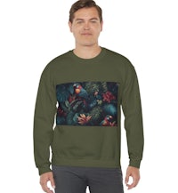 a man wearing a sweatshirt with tropical plants and flowers on it
