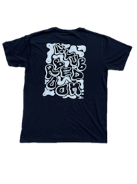 a black t - shirt with a white and blue design on it