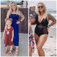 two pictures of a woman and her daughter on the beach
