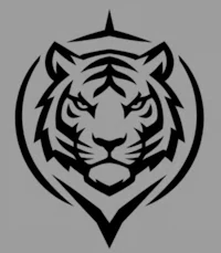 a black and white tiger logo on a gray background
