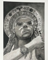 a drawing of a man with glasses and a crown