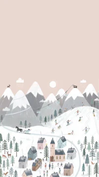 an illustration of a village in the snow