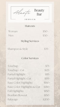 a beauty bar menu with a price list