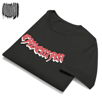 a black t - shirt with a red logo on it