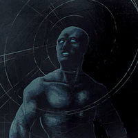 a black and white drawing of a man in space