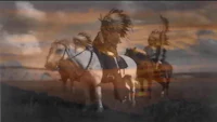 a group of native americans riding horses in a field