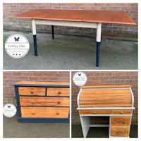 four pictures of a desk and a dresser