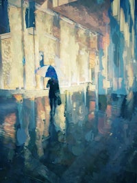a painting of a person holding an umbrella in the rain
